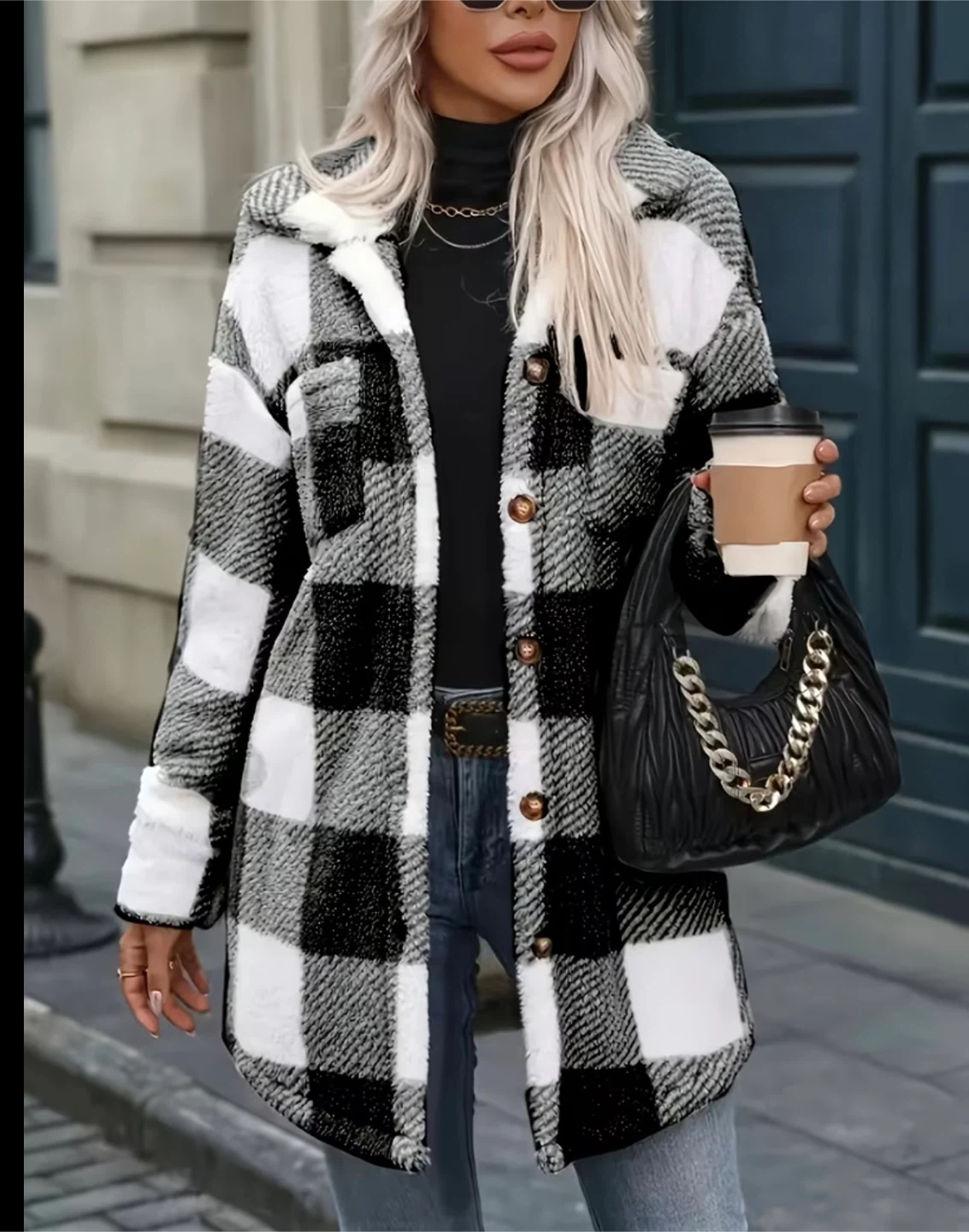 Medium-Length Plaid Lapel Coat