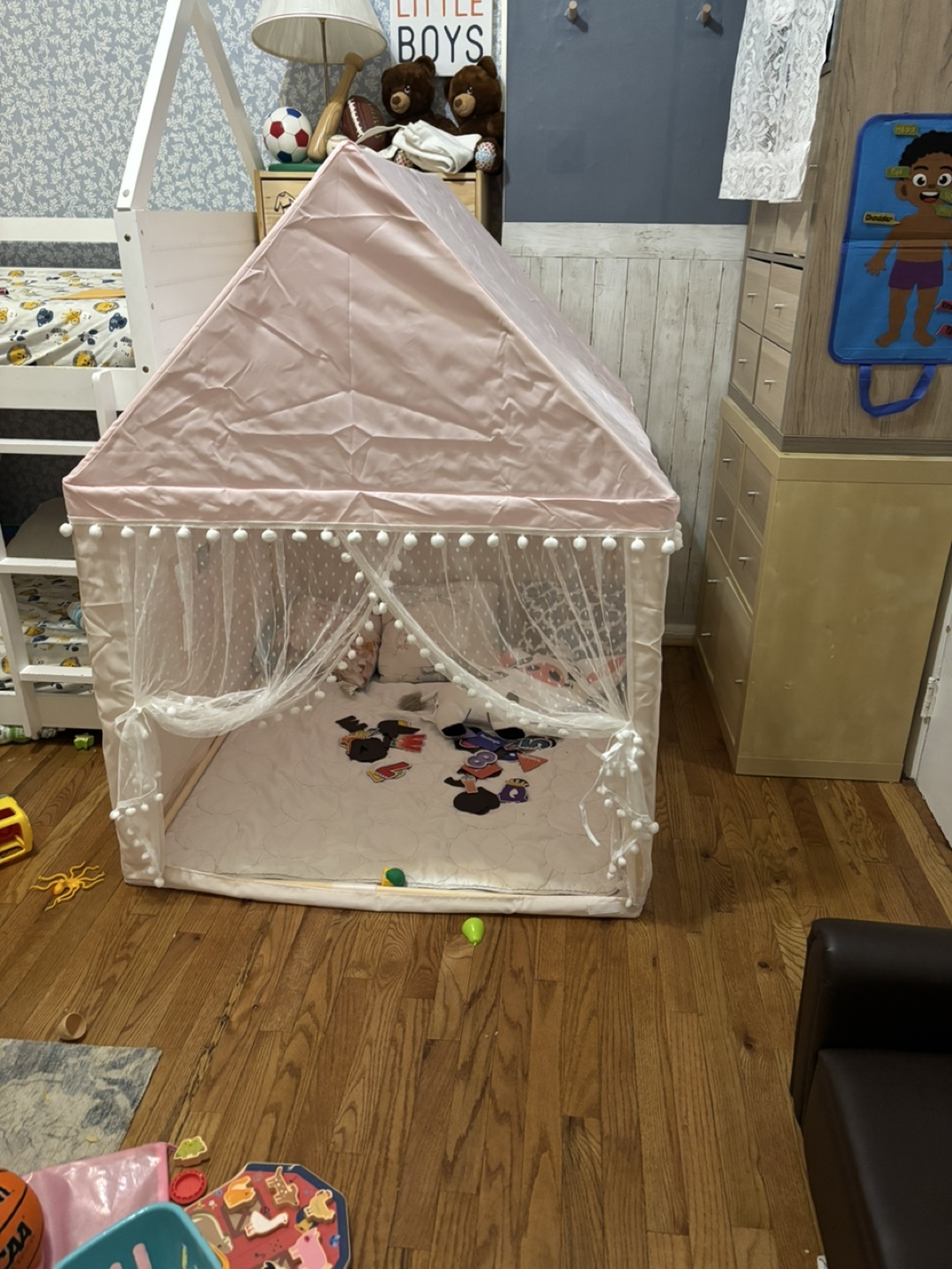 Pink Princess Tent with Pom Poms and Tulle