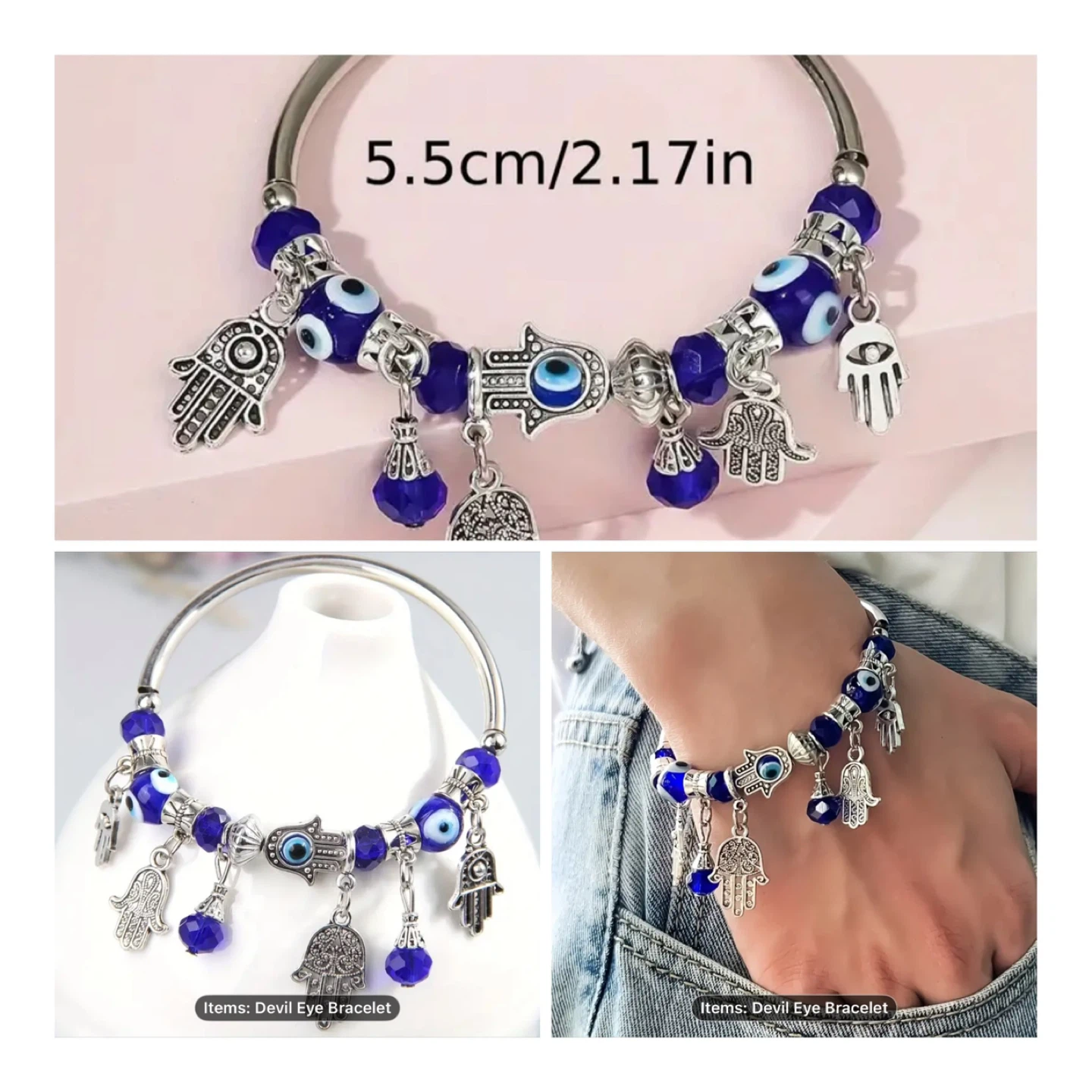 Devil Eye Charm Bracelet - Blue Beads & Hamsa Hands