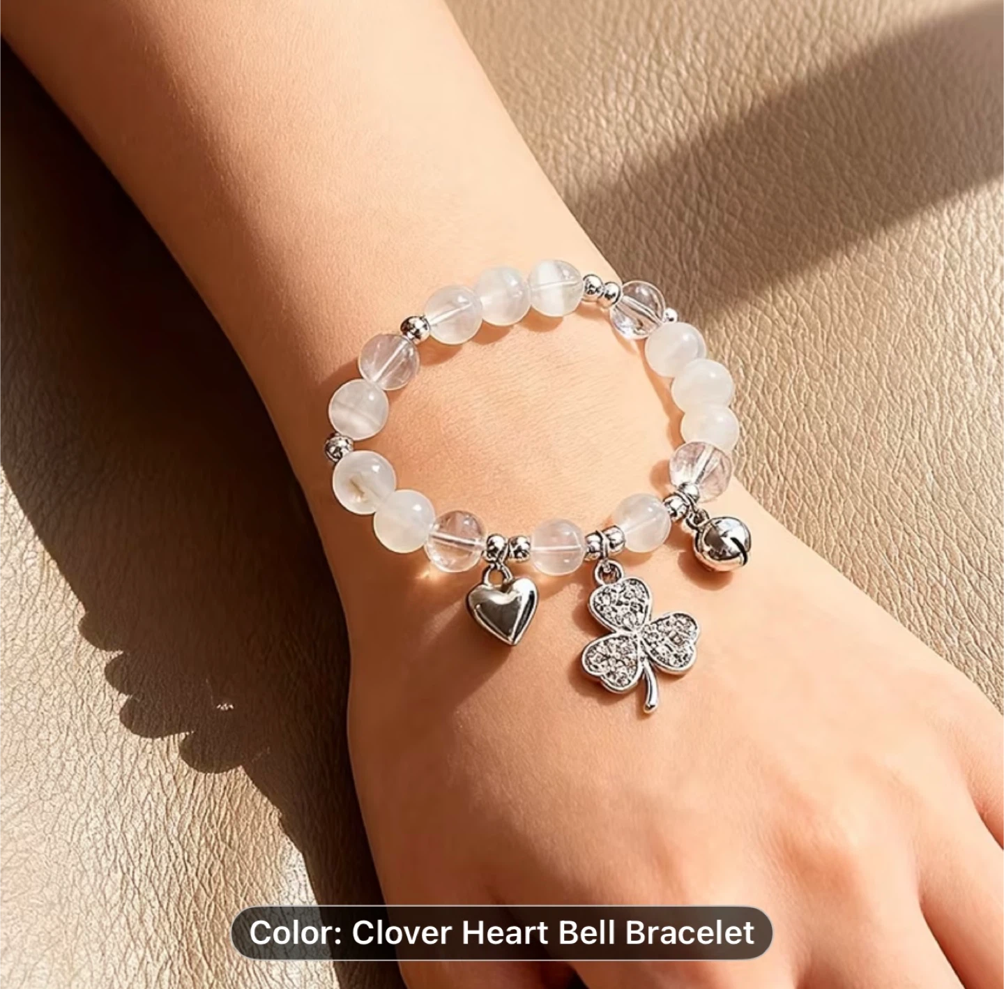Clover Heart Bell Beaded Bracelet - White