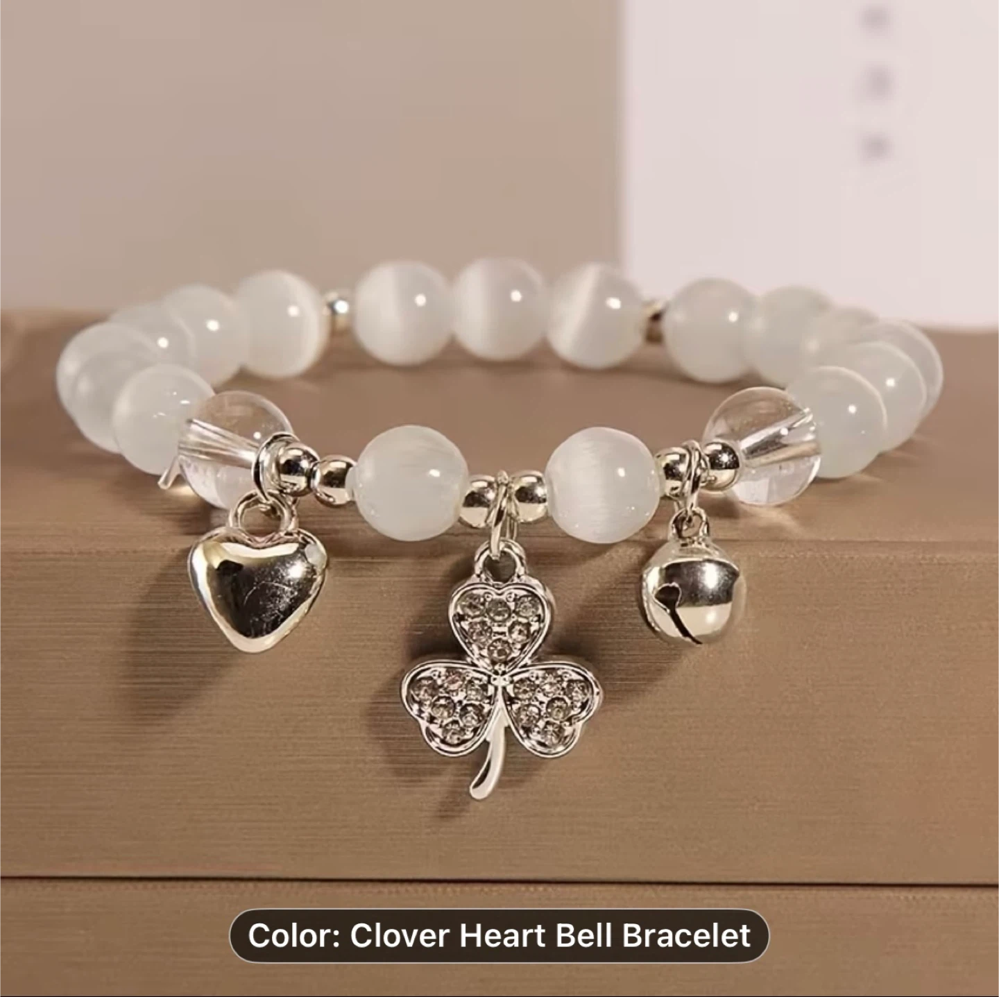 Clover Heart Bell Beaded Bracelet - White - photo 3