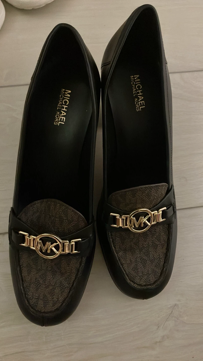 New-Michael Kors Black Leather Loafers with MK Monogram
