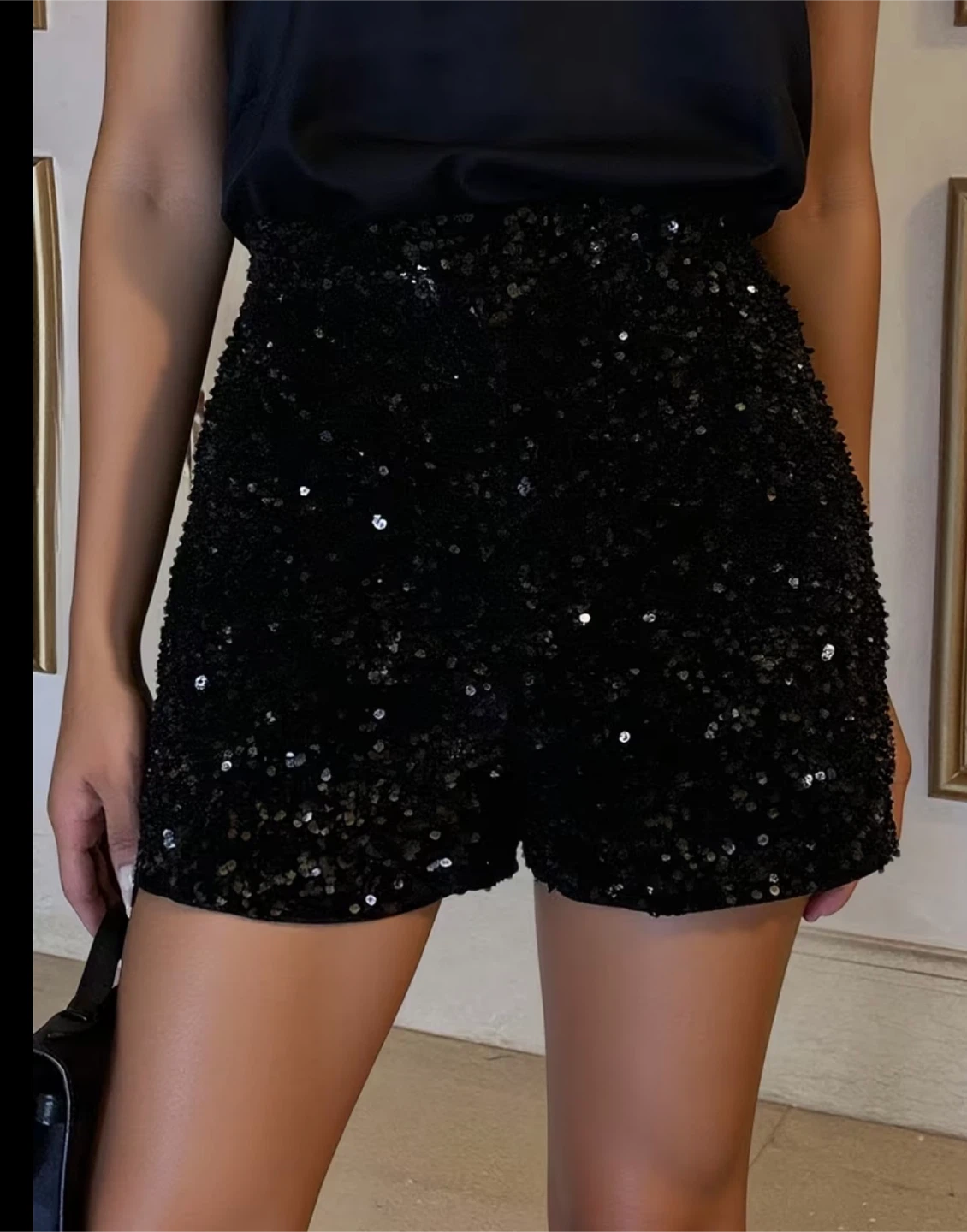 New Black Sequin High-Waisted Shorts
