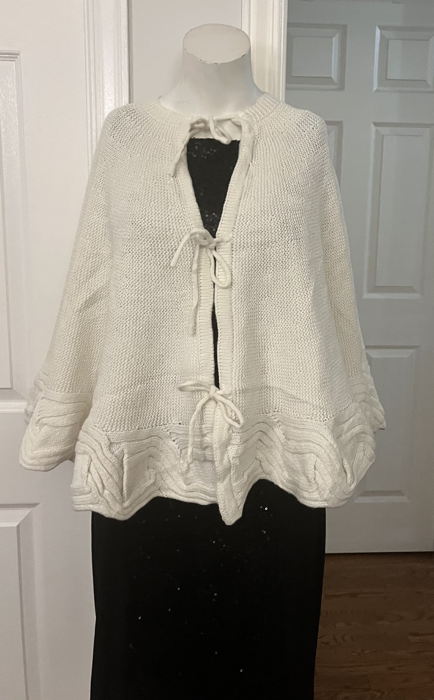 White Knit Poncho Cape with Tie Closures