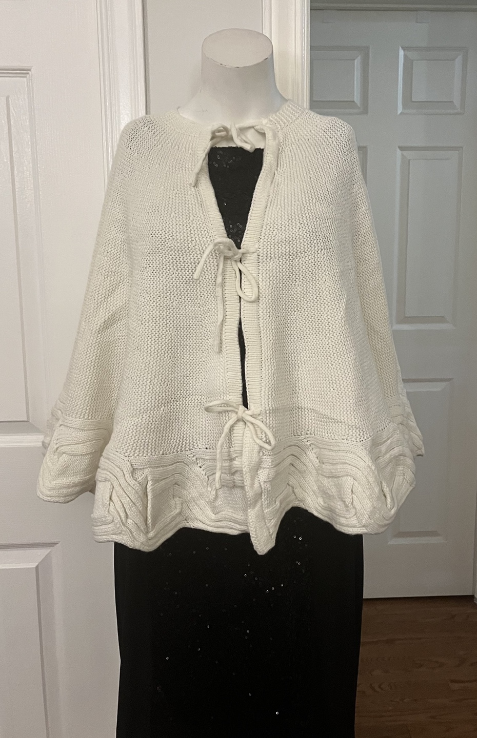 White Knit Poncho Cape with Tie Closures - photo 3