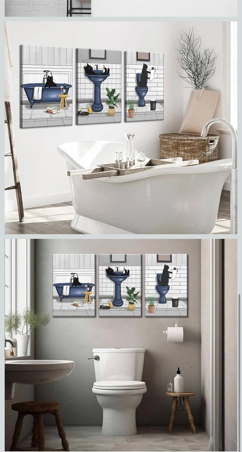 Canvas Wall Art Set - Black Cats in Bathroom Scene (3 Panels) - photo 5