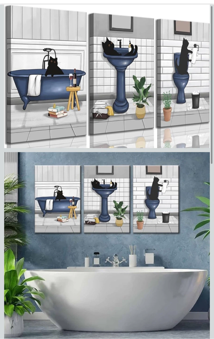 Canvas Wall Art Set - Black Cats in Bathroom Scene (3 Panels)