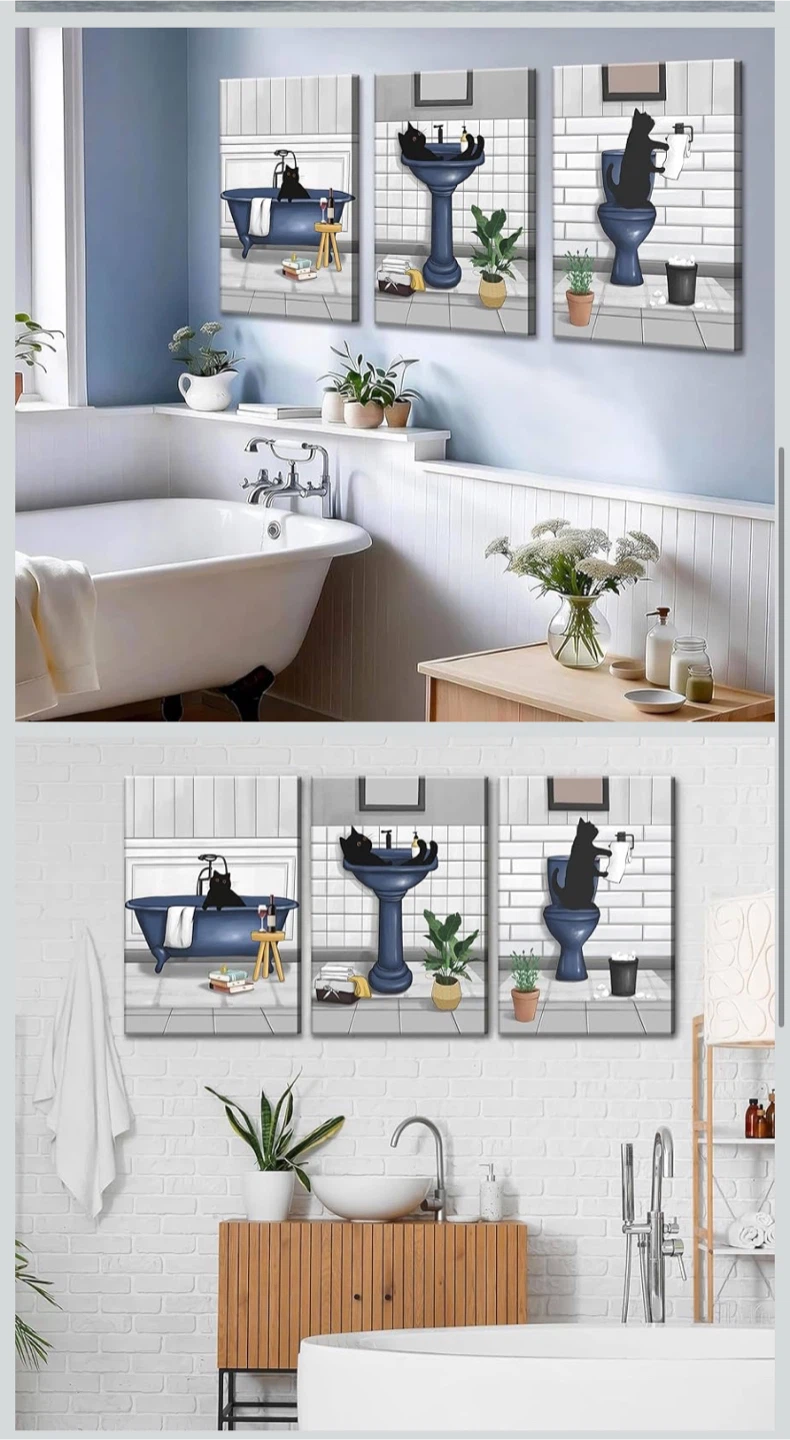Canvas Wall Art Set - Black Cats in Bathroom Scene (3 Panels) - photo 3
