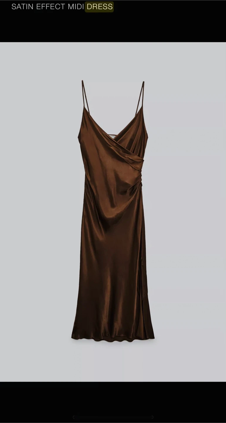 Zara Satin Effect Midi Dress - Brown, Size L