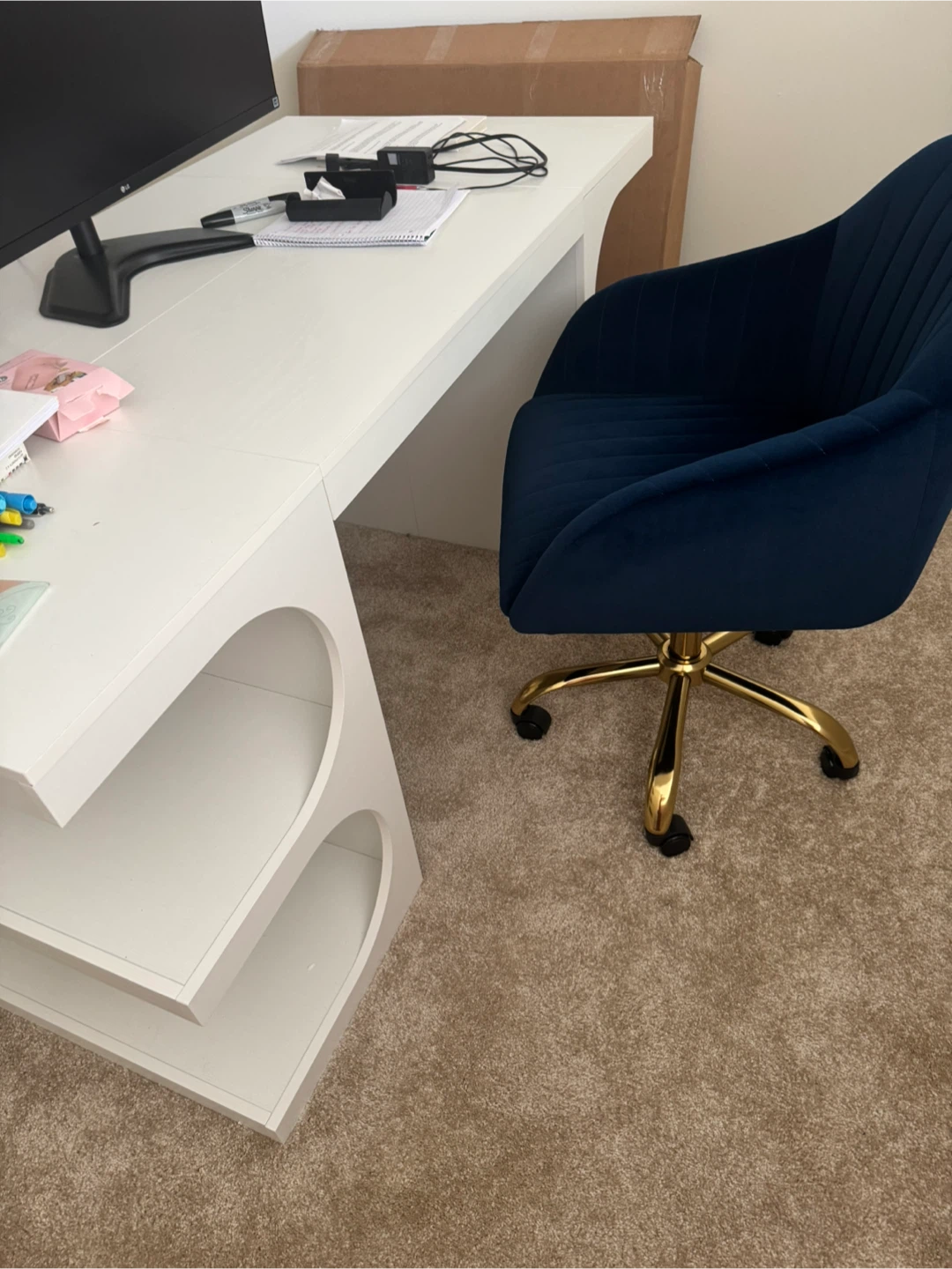 Blue Velvet Office Chair with Gold Base - photo 2