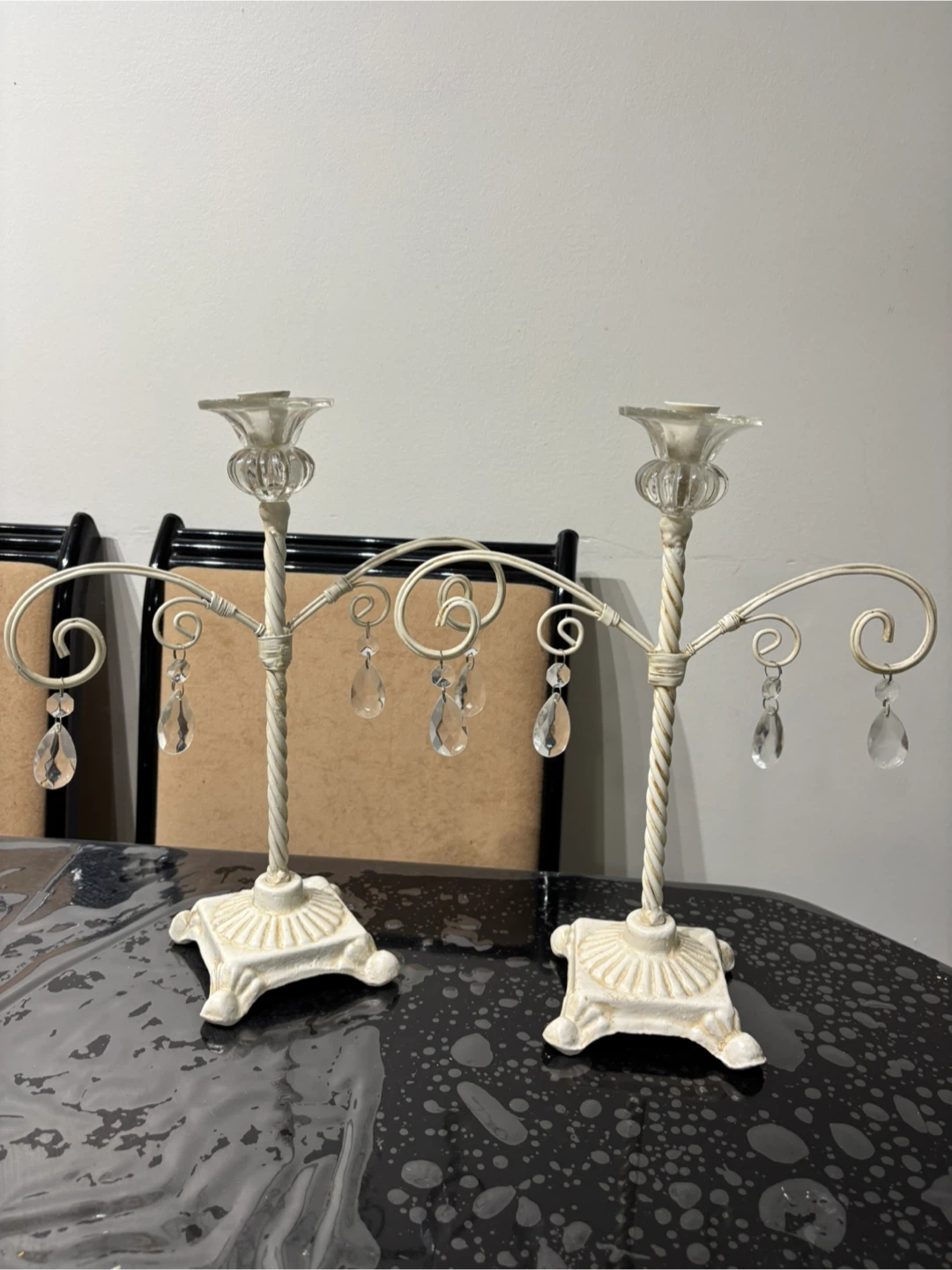White Metal Candelabra with Crystal Droplets