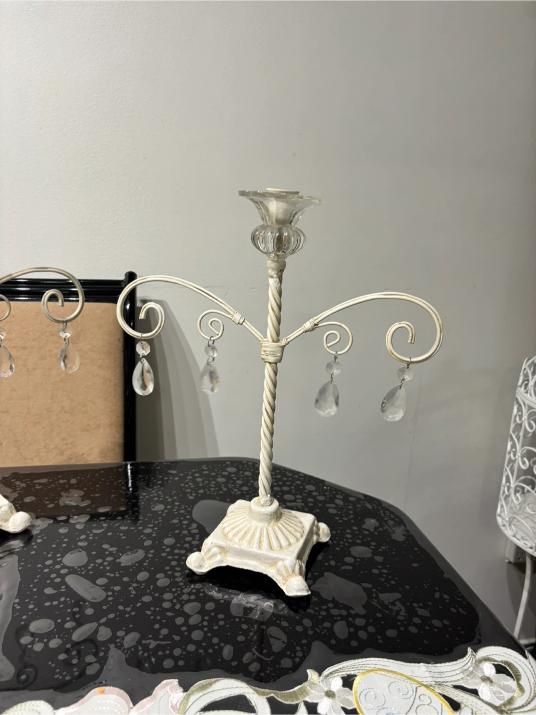 White Metal Candelabra with Crystal Droplets - photo 2
