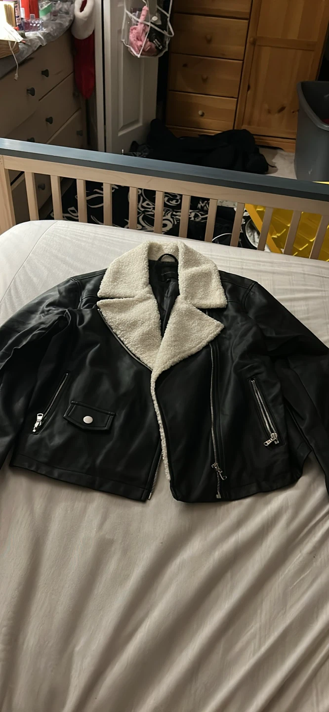 Dynamite Black Faux Leather Biker Jacket with Sherpa Collar