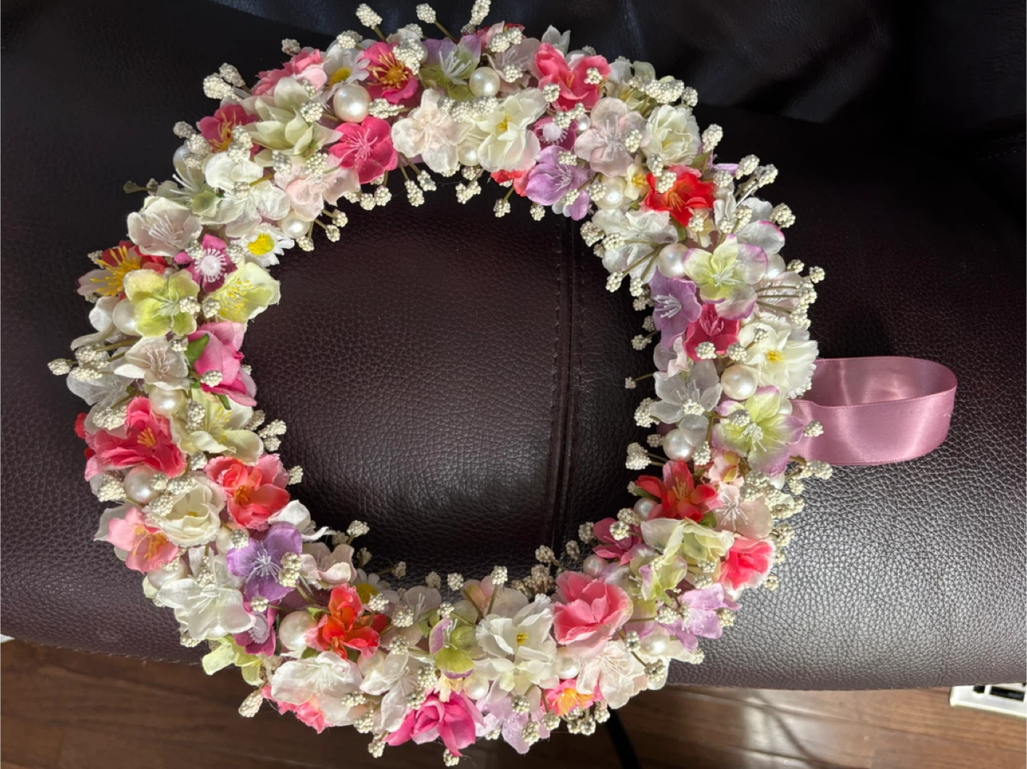 Floral Wreath with Pearls and Pink Ribbon