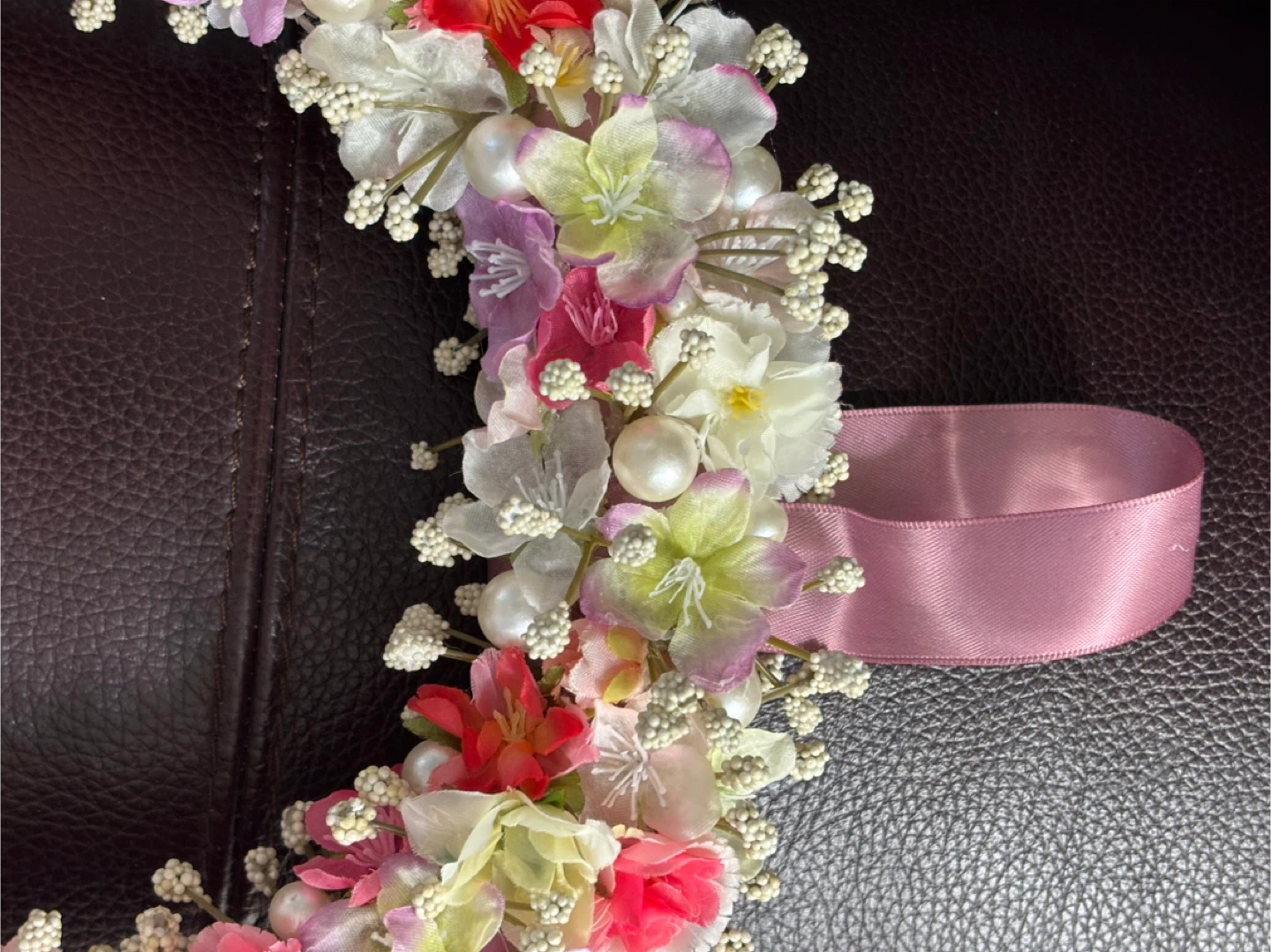Floral Wreath with Pearls and Pink Ribbon - photo 3