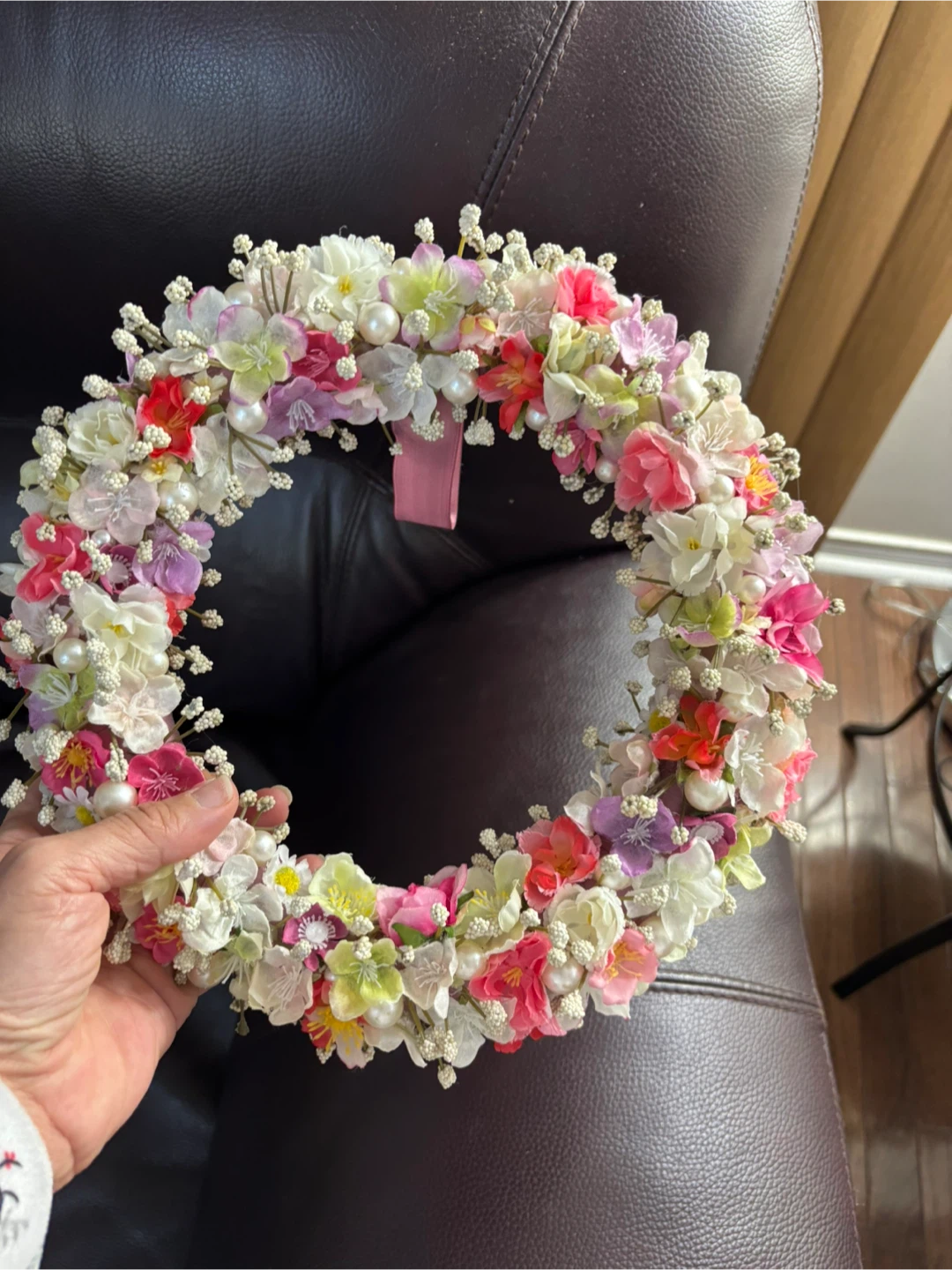 Floral Wreath with Pearls and Pink Ribbon - photo 2