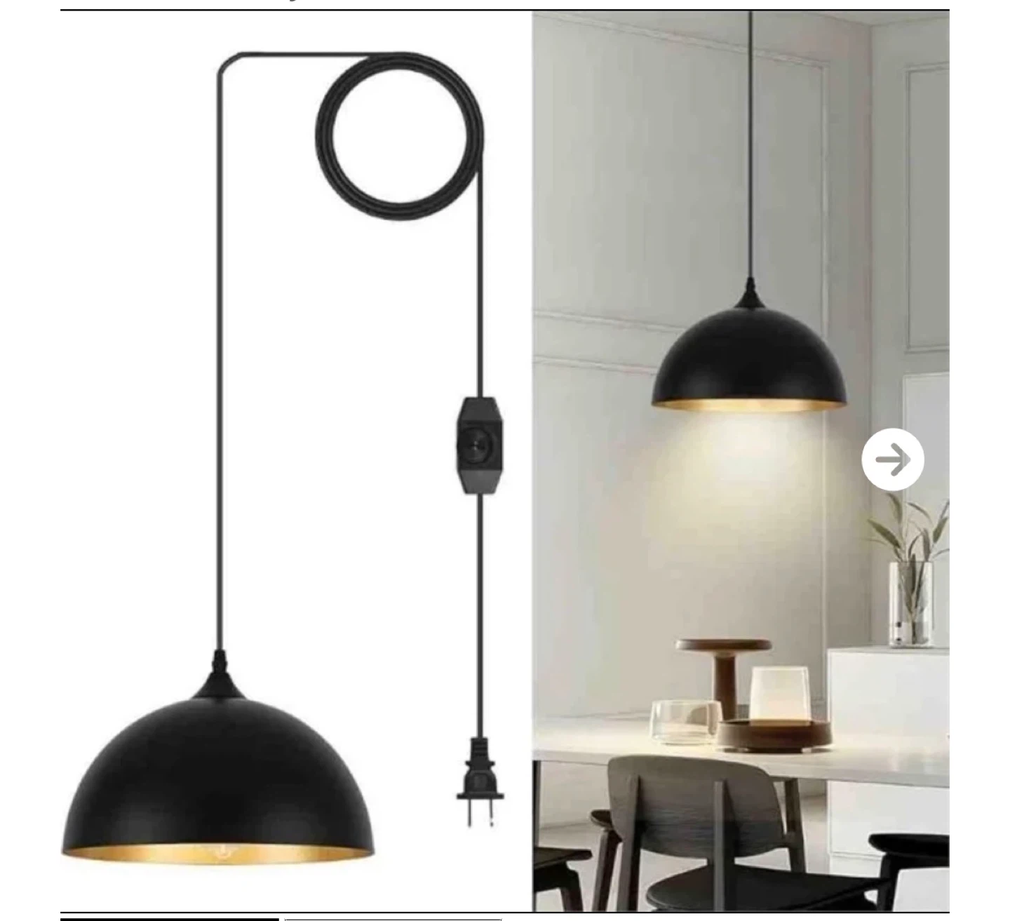 Black Dome Pendant Light with Gold Interior