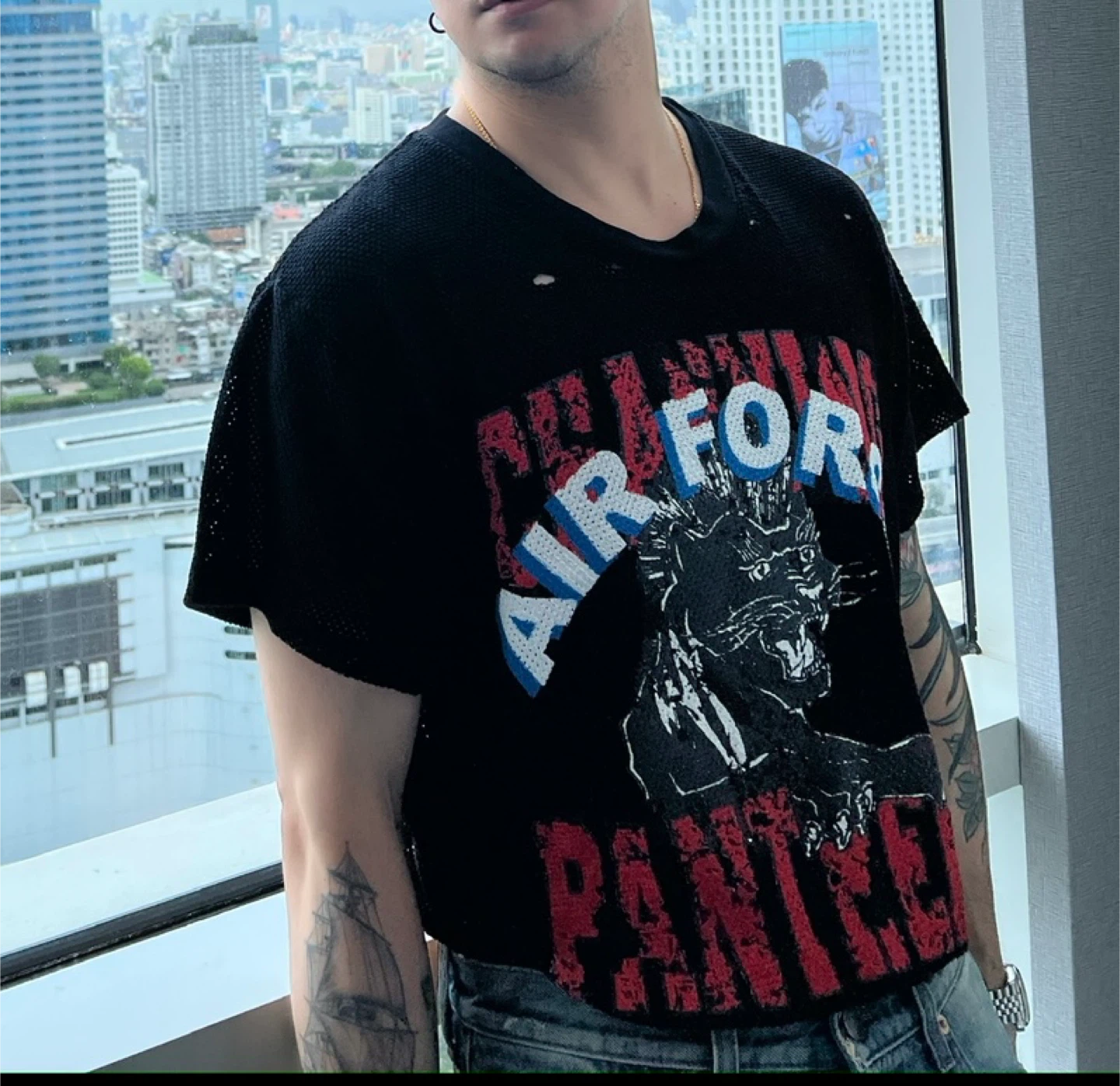 Amiri Black Air Force Panthers Mesh T-Shirt