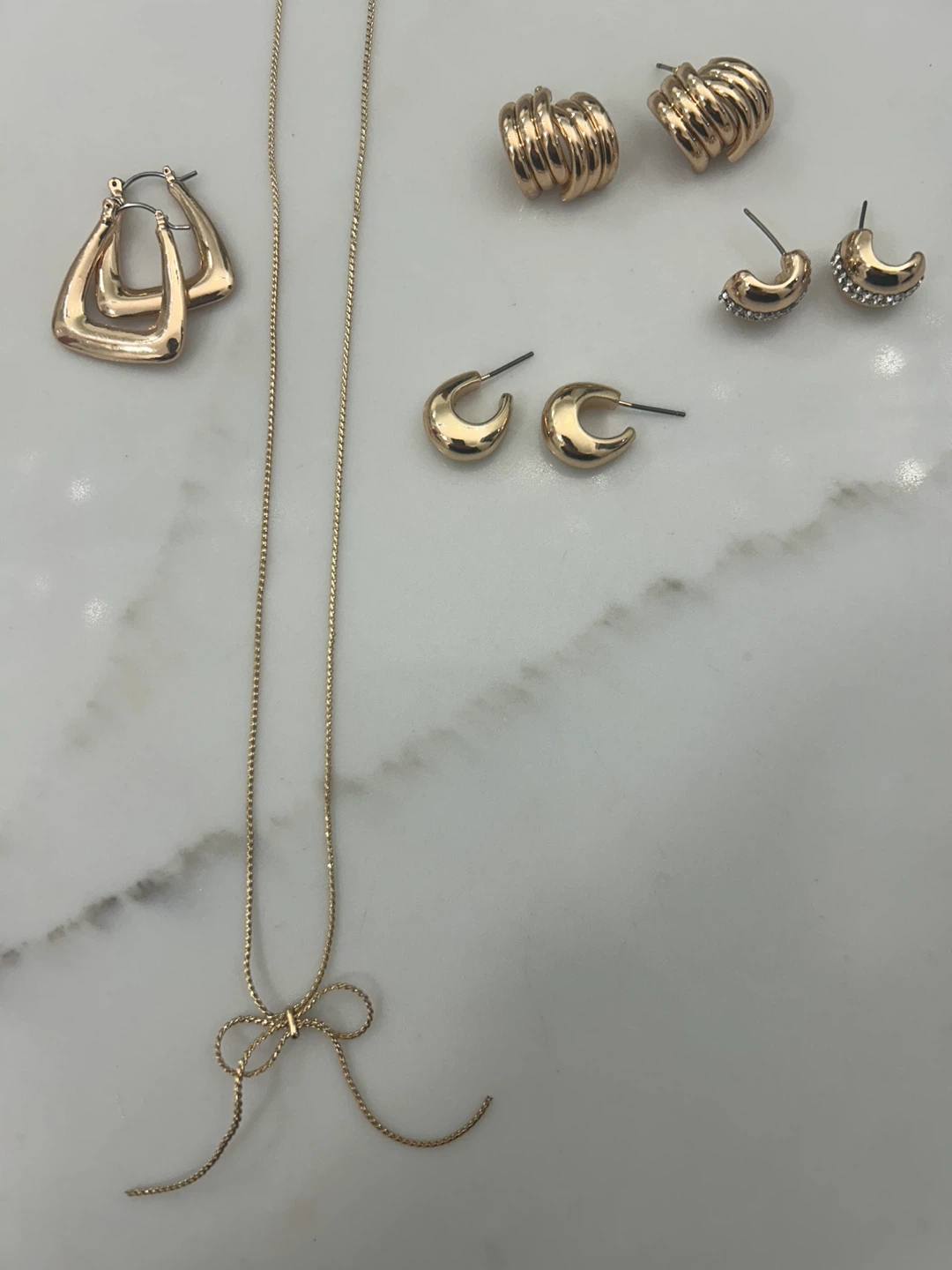 Gold Necklace with bow and  4 Earrings Set