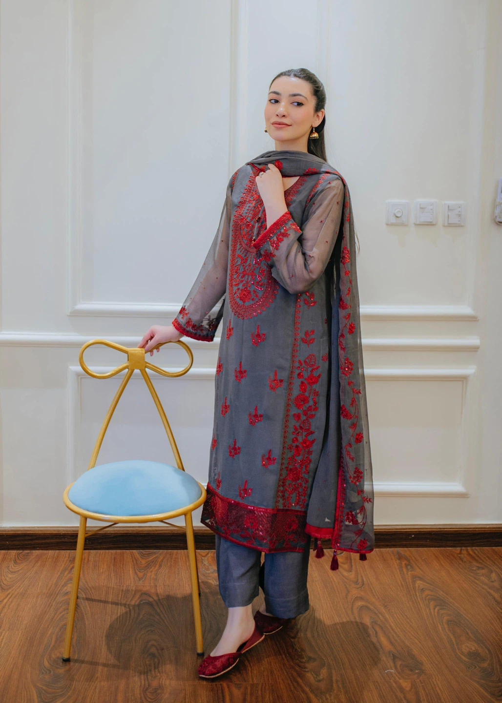 Grey and Red Embroidered 3-Piece Suit with Dupatta