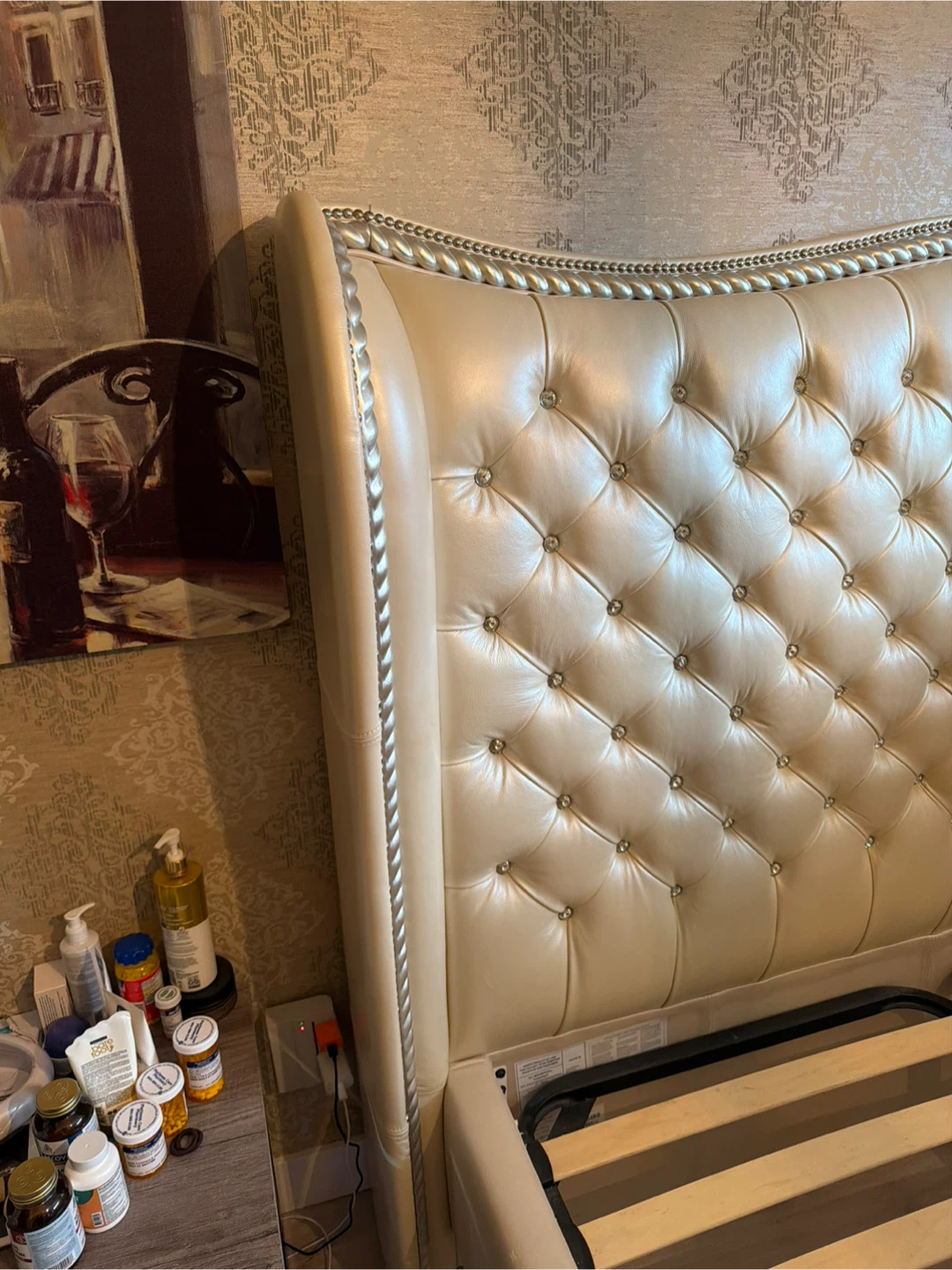 Cream Tufted Faux Leather Queen Bed Frame with Crystal Accents - photo 3