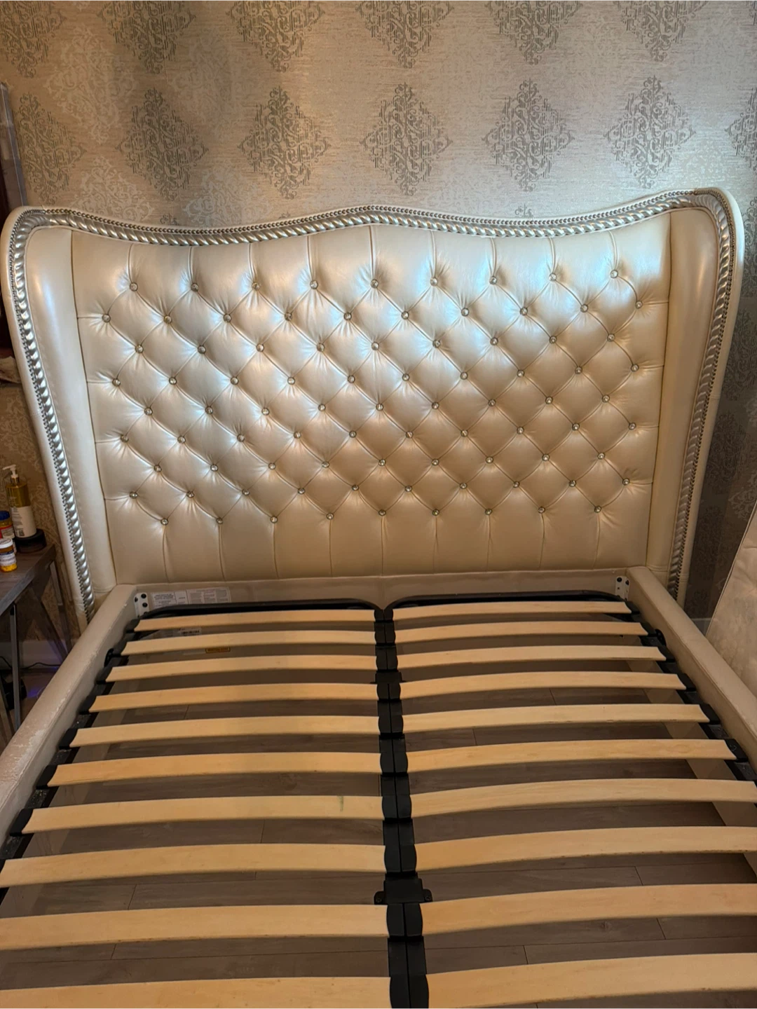 Cream Tufted Faux Leather Queen Bed Frame with Crystal Accents - photo 2