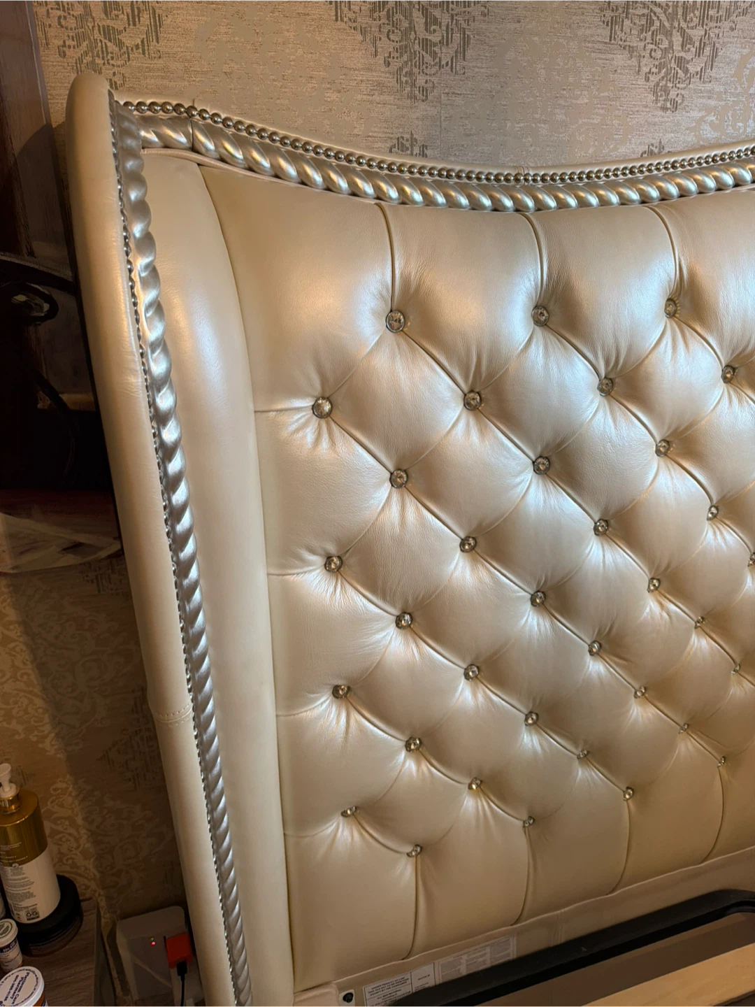 Cream Tufted Faux Leather Queen Bed Frame with Crystal Accents - photo 4