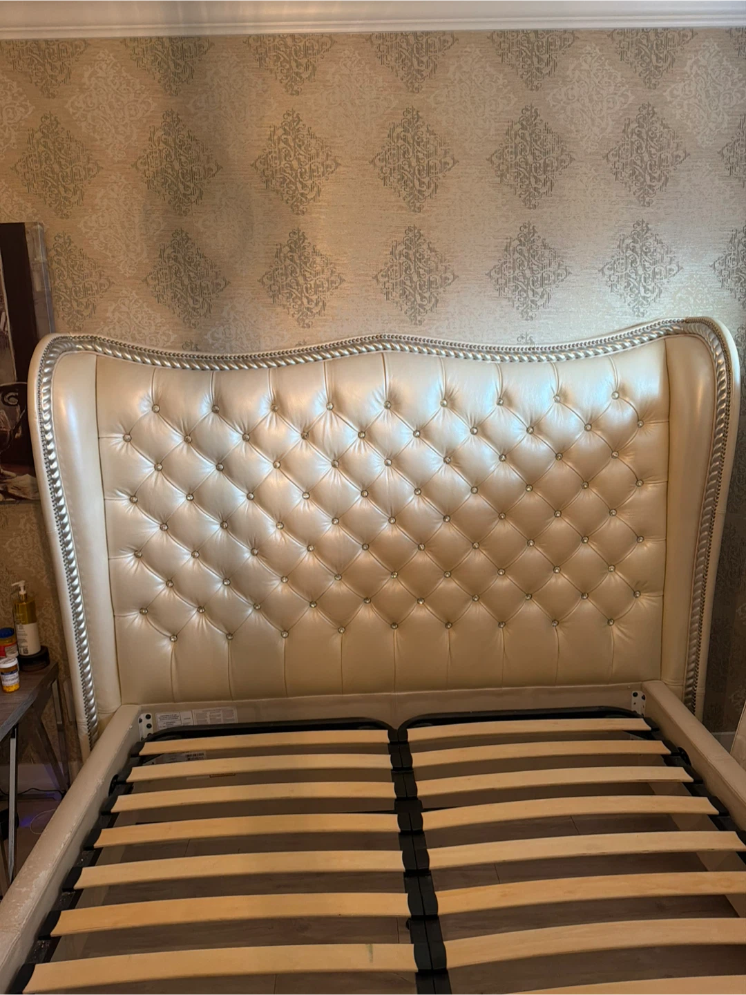 Cream Tufted Faux Leather Queen Bed Frame with Crystal Accents