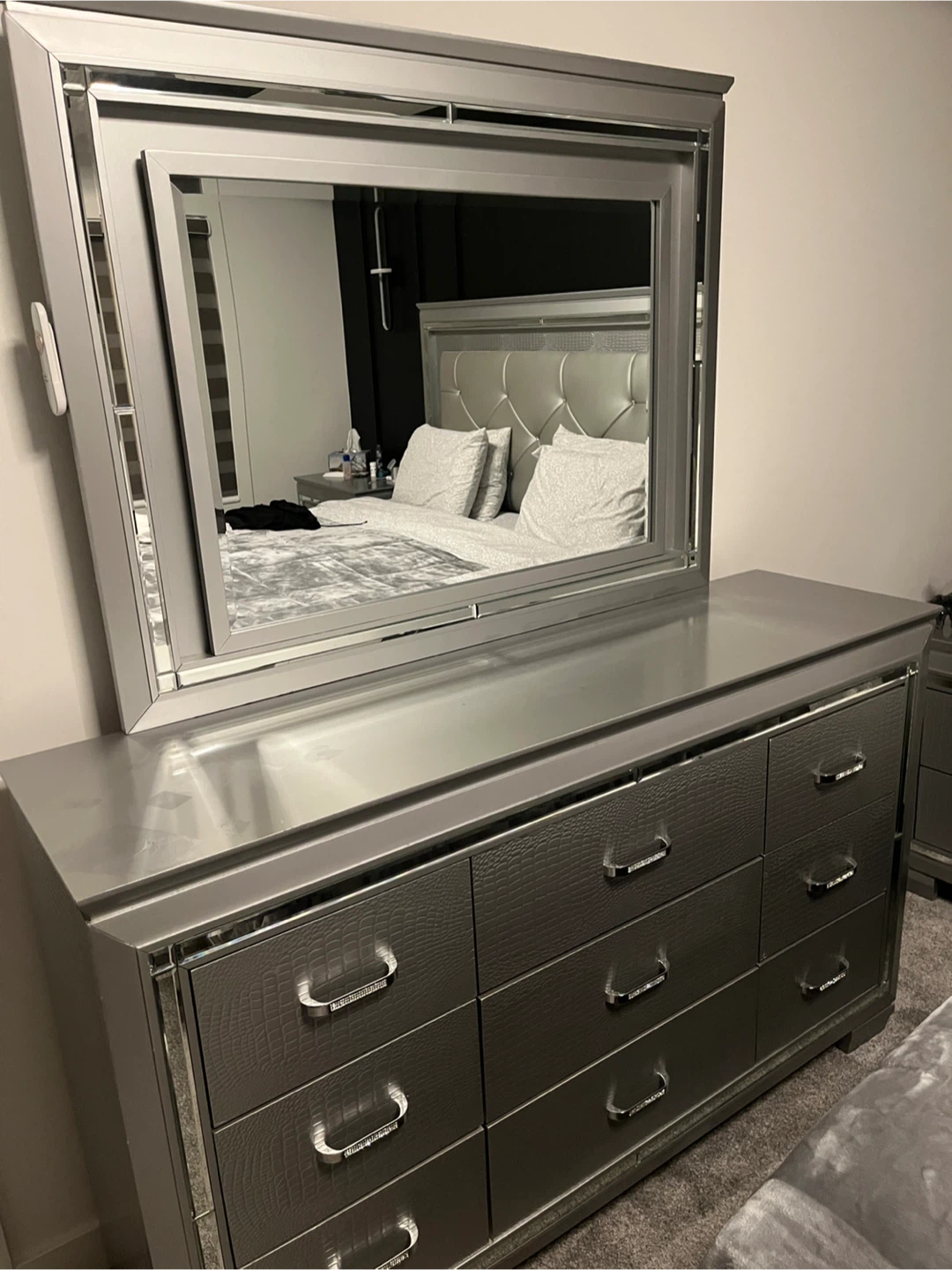 Silver 9-Drawer Dresser with Mirror