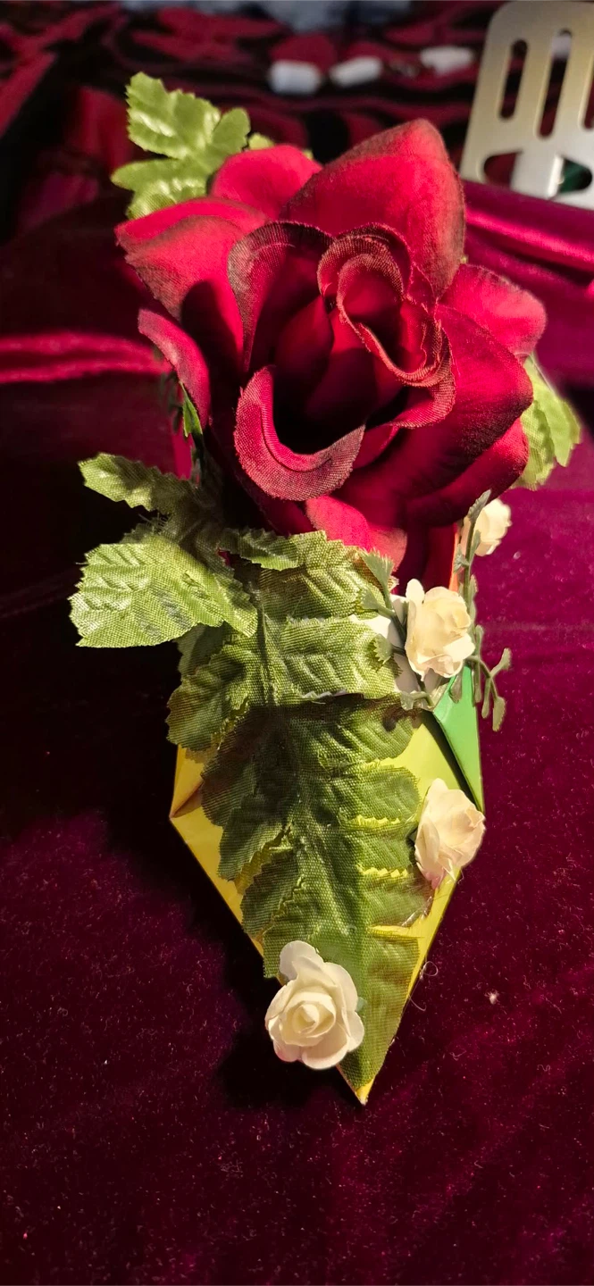 Artificial Red Rose with Greenery and Yellow Accent
