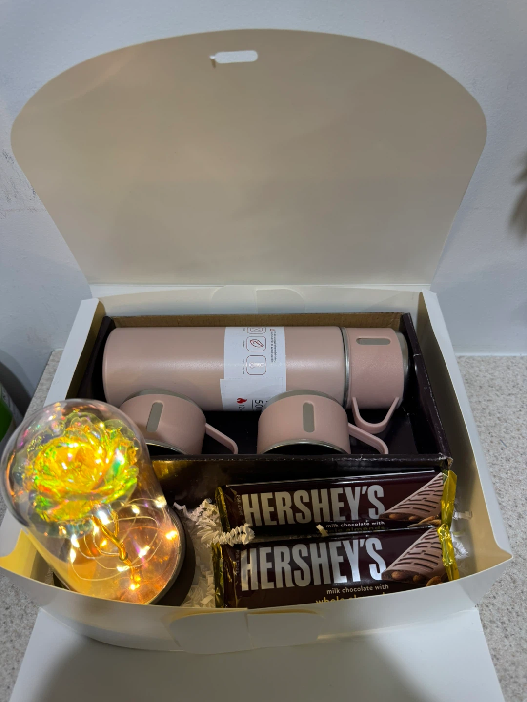 Pink Gift Box with Tumbler, Mugs, Rose Lamp & Hershey's