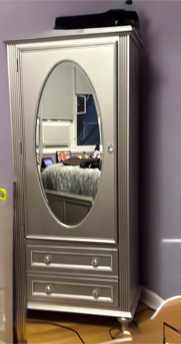 Silver Mirrored Armoire with Drawers