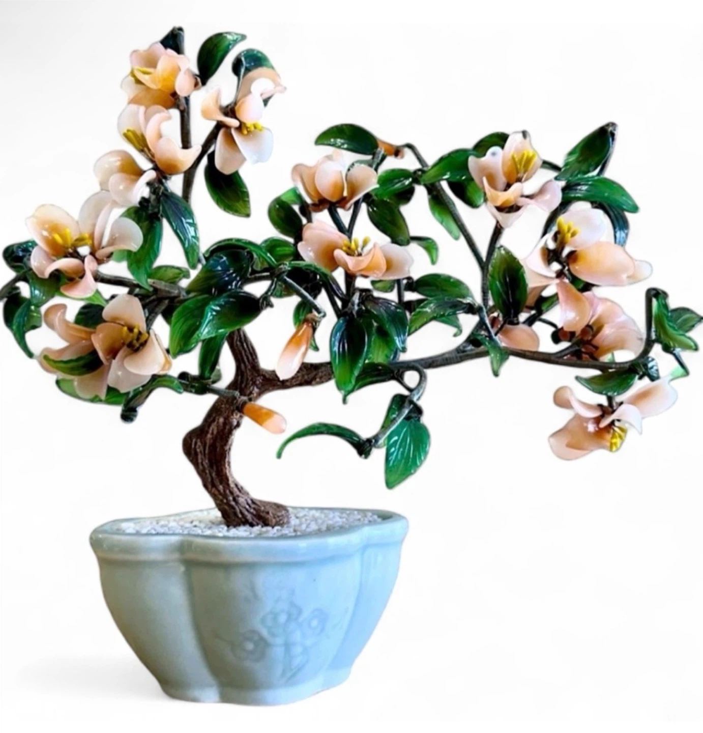 XL Vintage Glass Jade Bonsai Cherry Blossom Tree - 12x12”