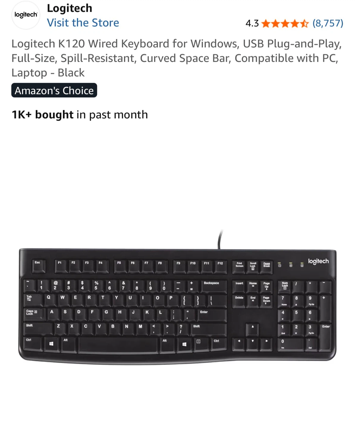 New Logitech K120 Wired Keyboard - Black