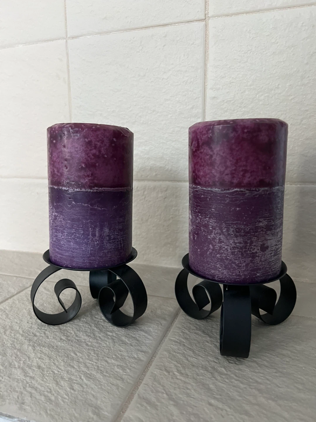 Pair of Purple Pillar Candles on Black Metal Holders - photo 3