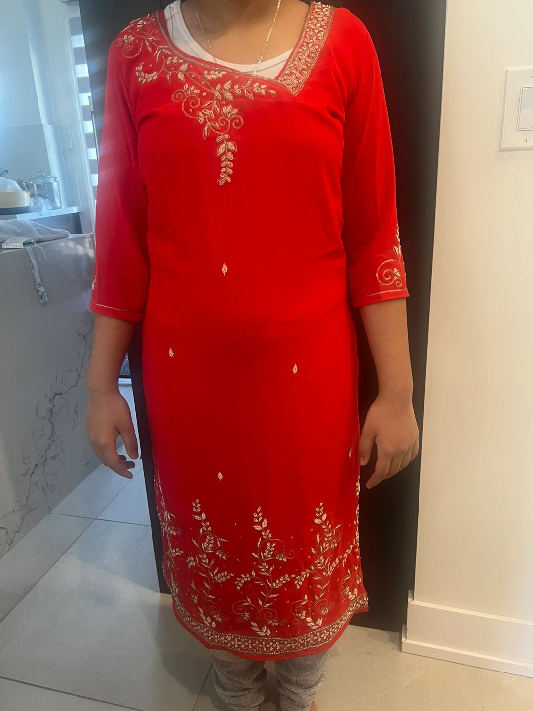 Red and teal Embroidered Kurti