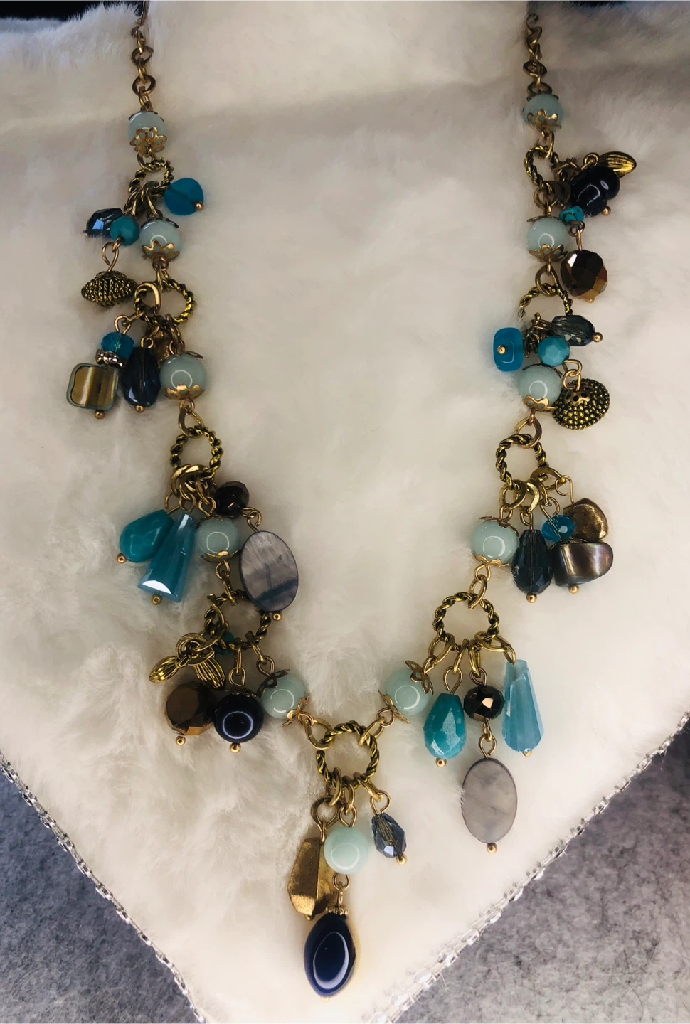 Gold Tone Blue Beaded Necklace