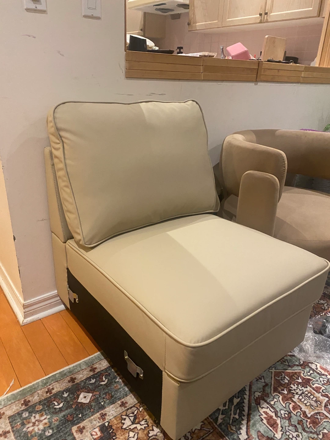 Beige Leather Armless Accent Chair - photo 4