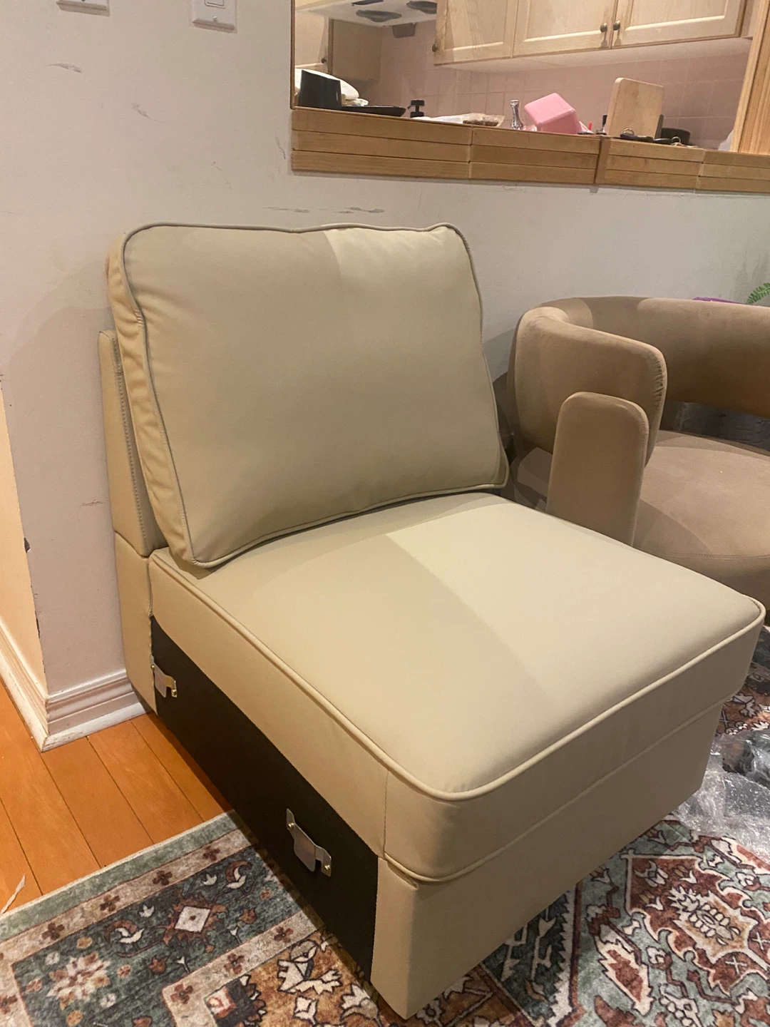 Beige Leather Armless Accent Chair - photo 3