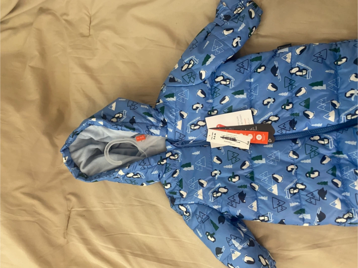 Kids Puffer Jacket - Blue Penguin Print BNWT