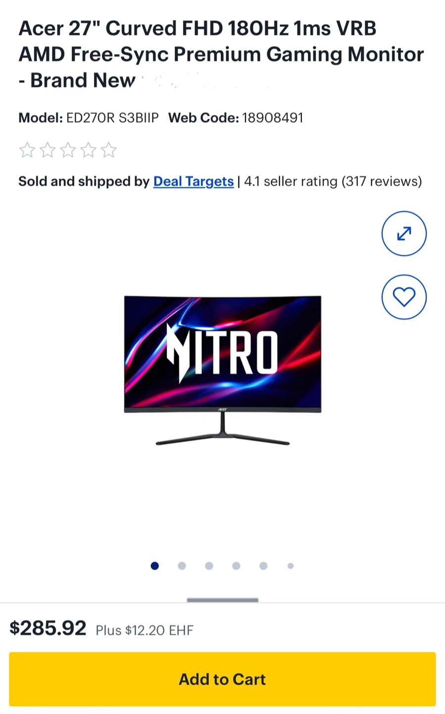 Acer 27" Curved FHD 180Hz Gaming Monitor