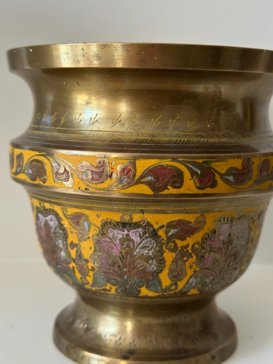 Vintage Brass Vase with Enamel Floral Design - photo 3