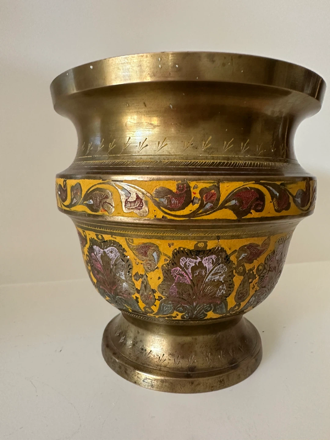 Vintage Brass Vase with Enamel Floral Design
