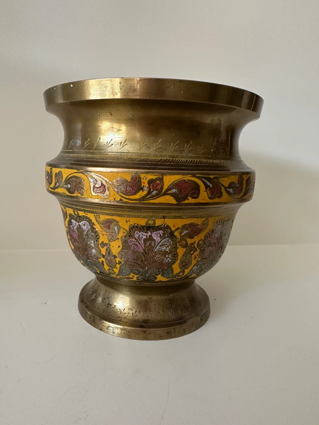 Vintage Brass Vase with Enamel Floral Design - photo 2