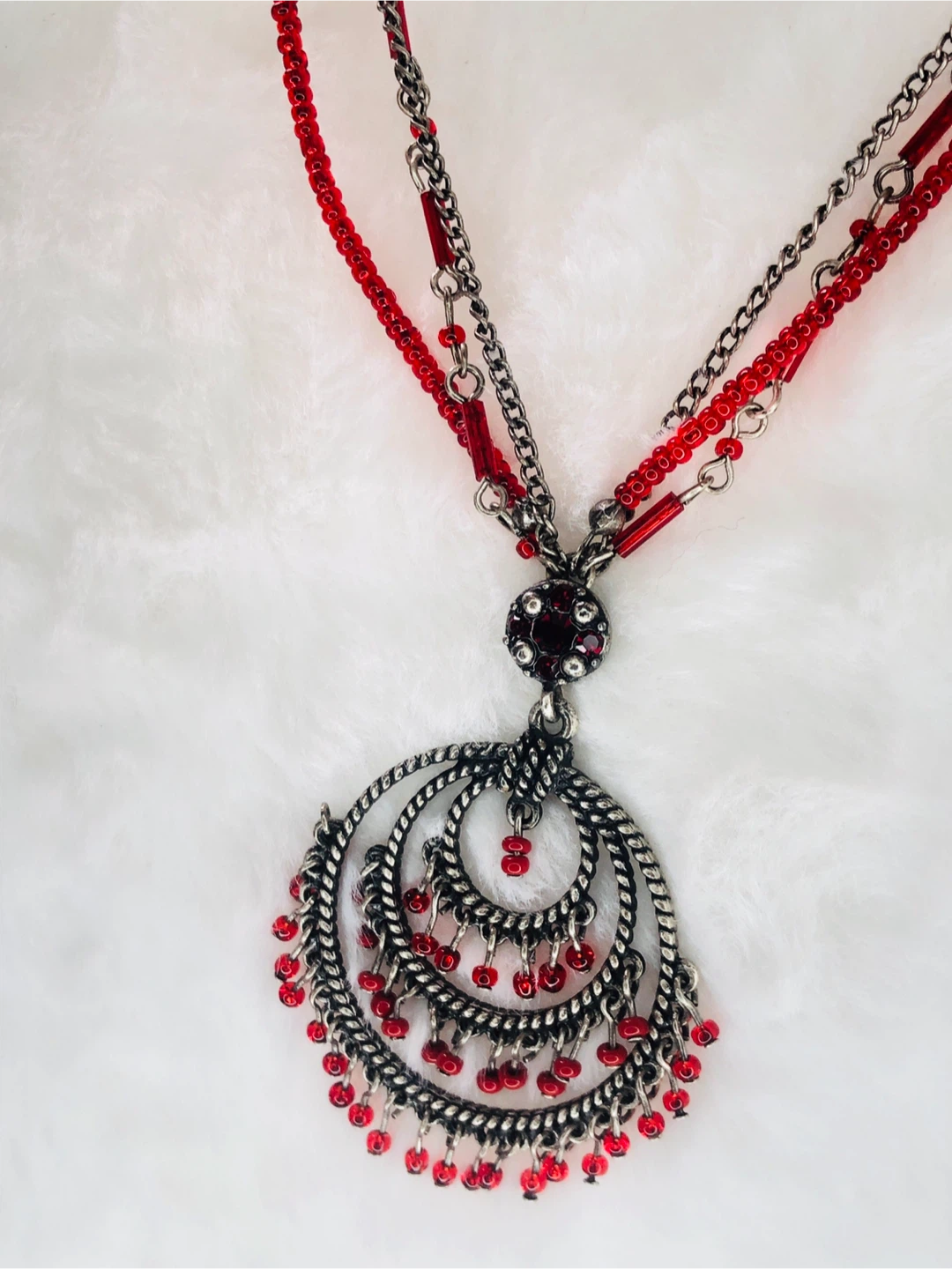 Layered Red Beaded & Chandelier Pendant Necklace