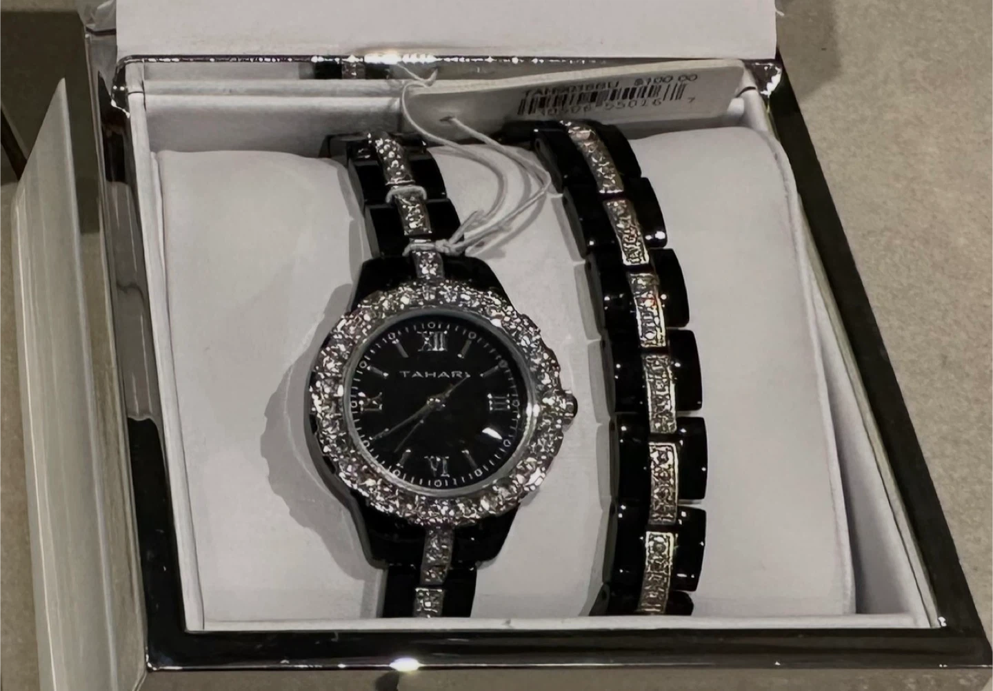 Tahari Women's Black Ceramic Watch and Bracelet Set