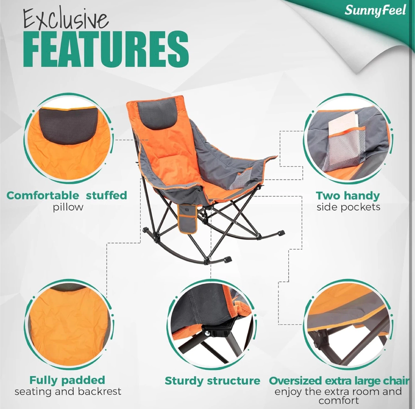 SunnyFeel Oversized Heated Camping Rocker Chair - Orange/Grey - photo 5