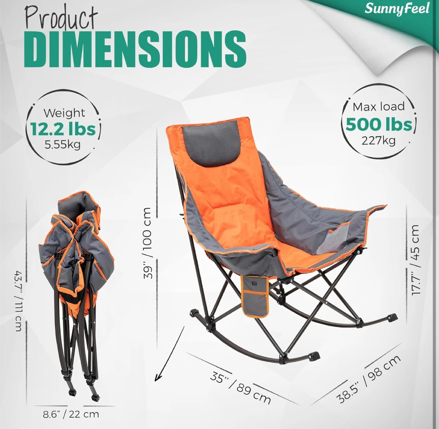 SunnyFeel Oversized Heated Camping Rocker Chair - Orange/Grey - photo 3