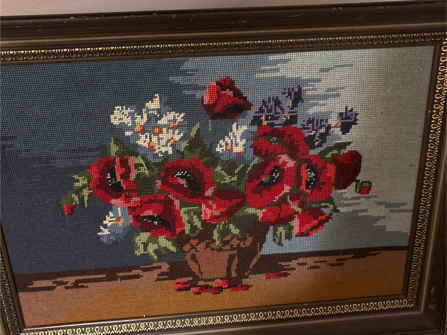 Framed Floral Needlepoint Art