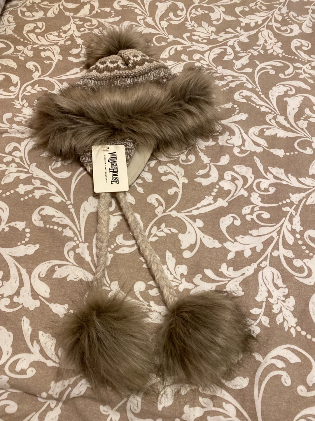 Village House Faux Fur Trimmed Winter Hat with Pom Poms